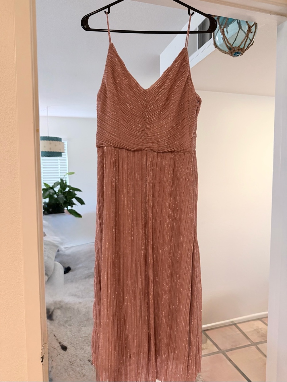 Spaghetti-Strap Blush Pink Metallic Evening Dress